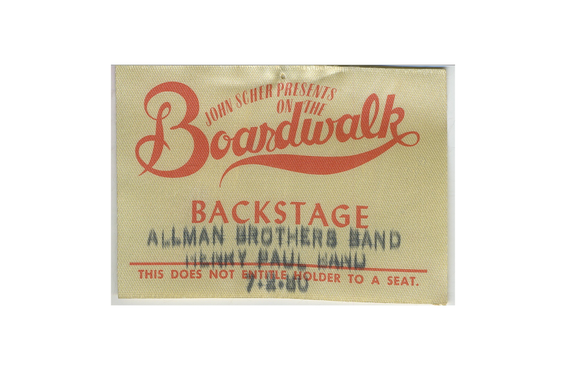 Backstage Pass to the Convention Hall show, Asbury Park. July 2nd, 1980.